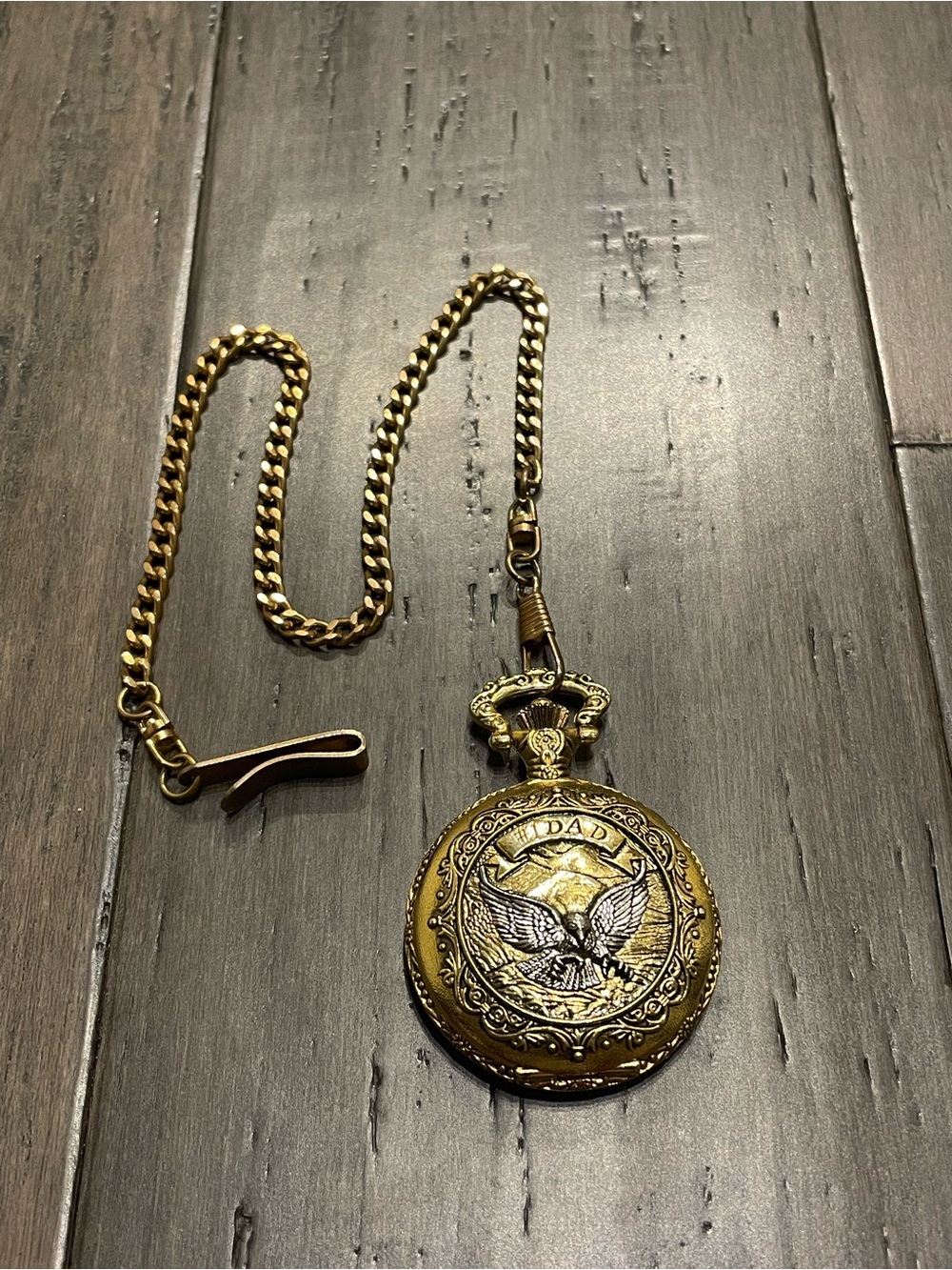 Milan Quartz Pocket Watch Hunter Eagle “DAD” Ornate Gold Tone w/ Chain